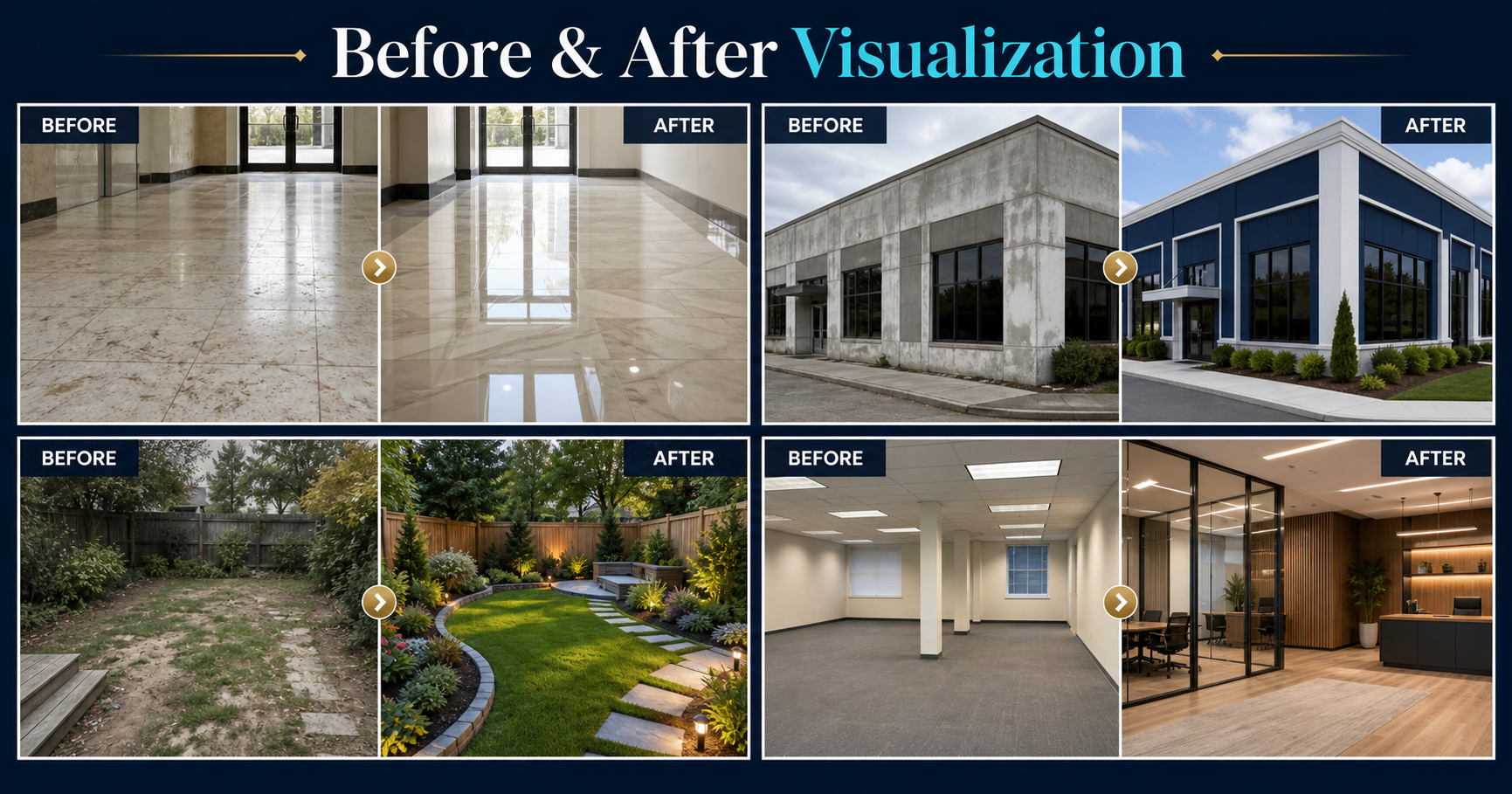 Before and after visualization examples for floor polishing, facade painting, landscaping and office remodeling