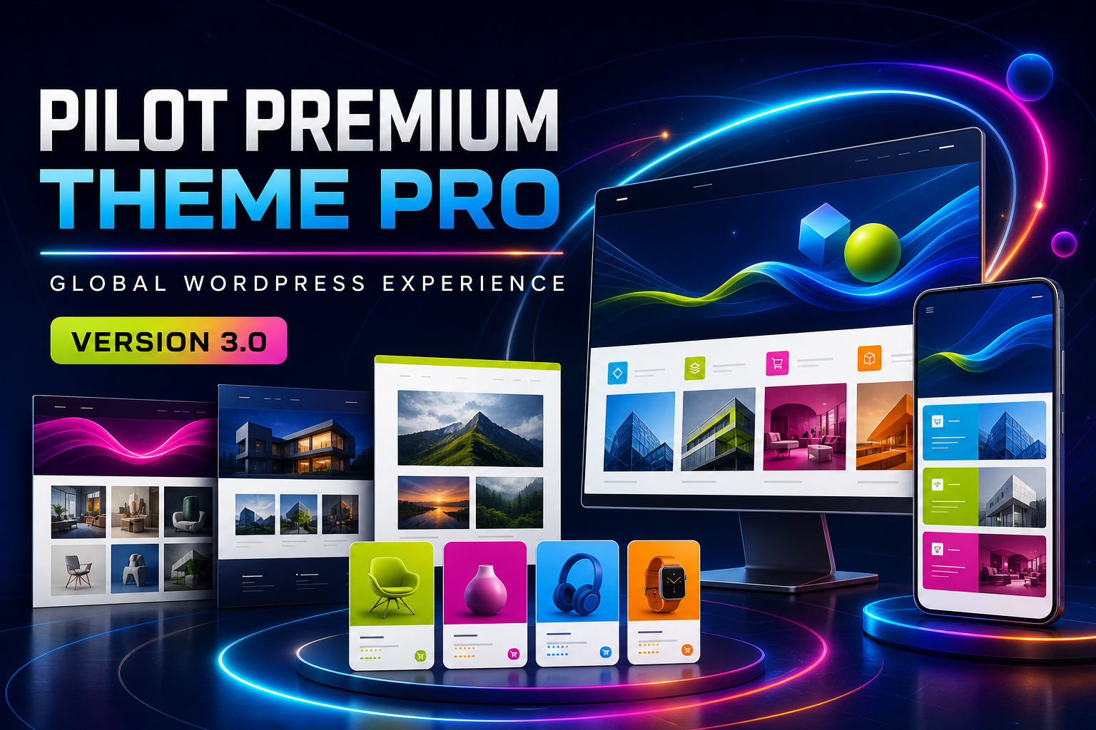 Colorful responsive WordPress website displayed on desktop, tablet, and phone