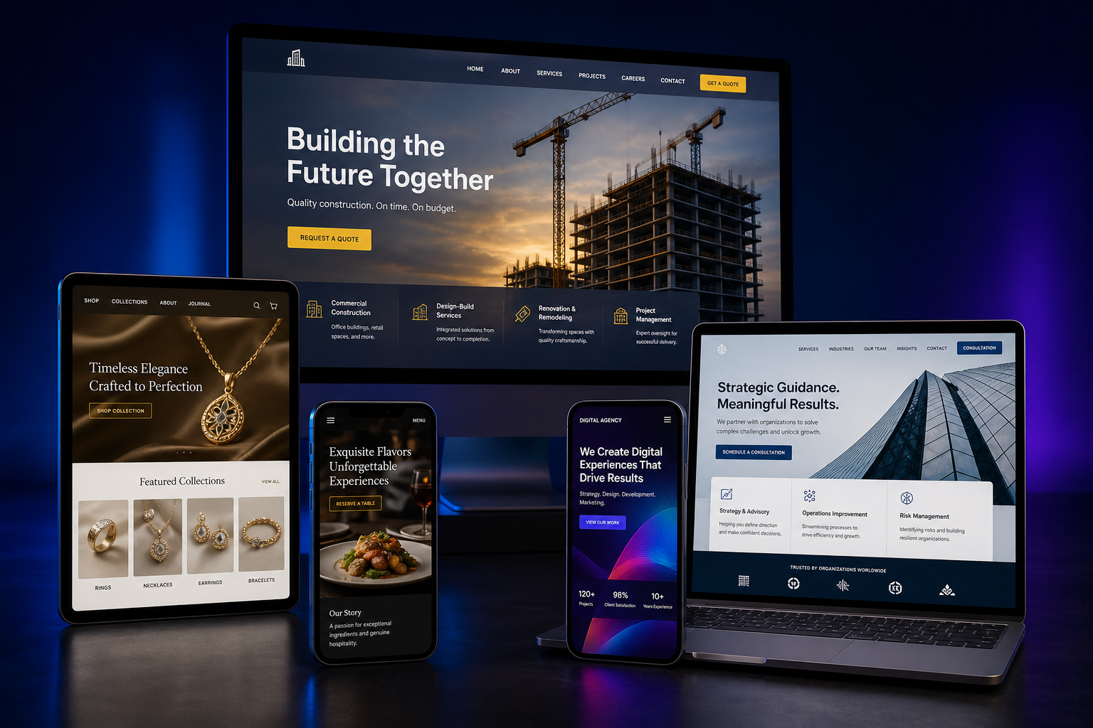 Multiple professional website examples displayed across desktop, laptop, tablet, and mobile devices