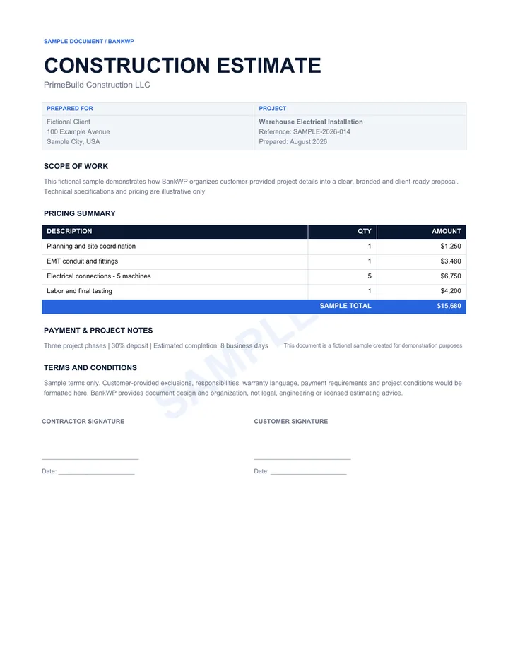 Sample professional construction estimate PDF