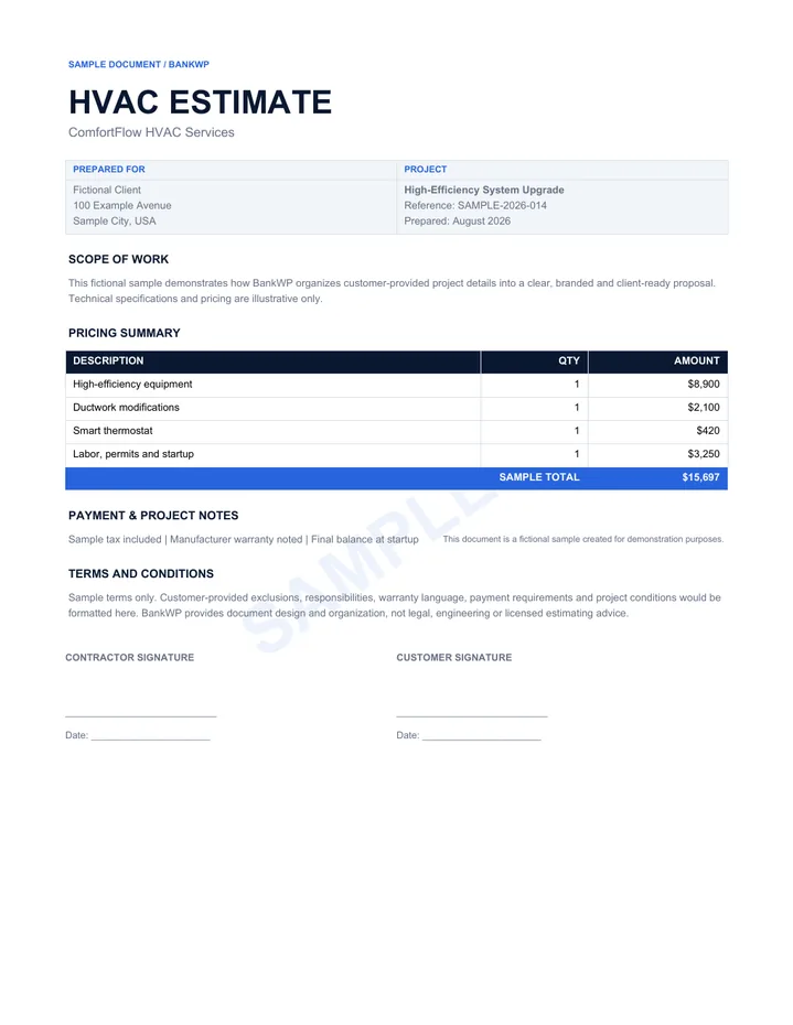 Sample professional hvac estimate PDF